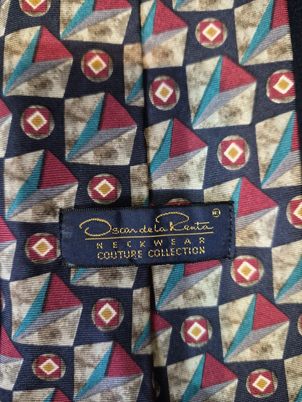 Oscar de la Renta Men's Silk Tie in Red, Green and Gold Geometric Print